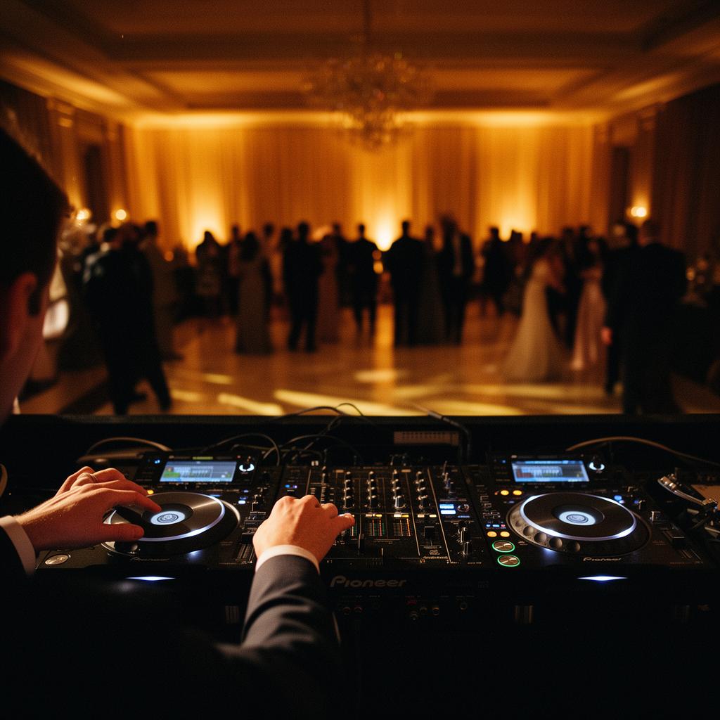 DJ at the booth during a wedding reception, warm uplit dance floor in the background.